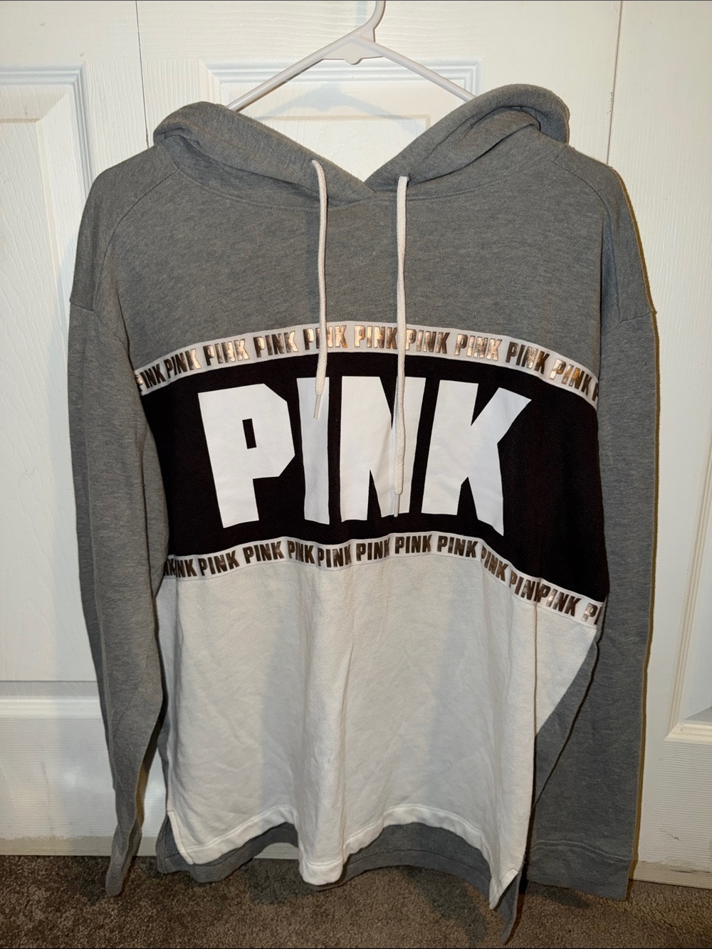 PINK Victoria's Secret Gray Black and White Colorblock Pullover Hoodie